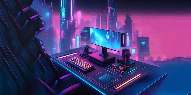 gaming setup cyberpunk themed wallpaper